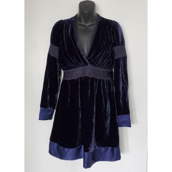 PINKO Navy Velvet Silk Mini Dress V-Neck Long Sleeve Sz 6 Classic Glamour Event - Picture 2 of 12